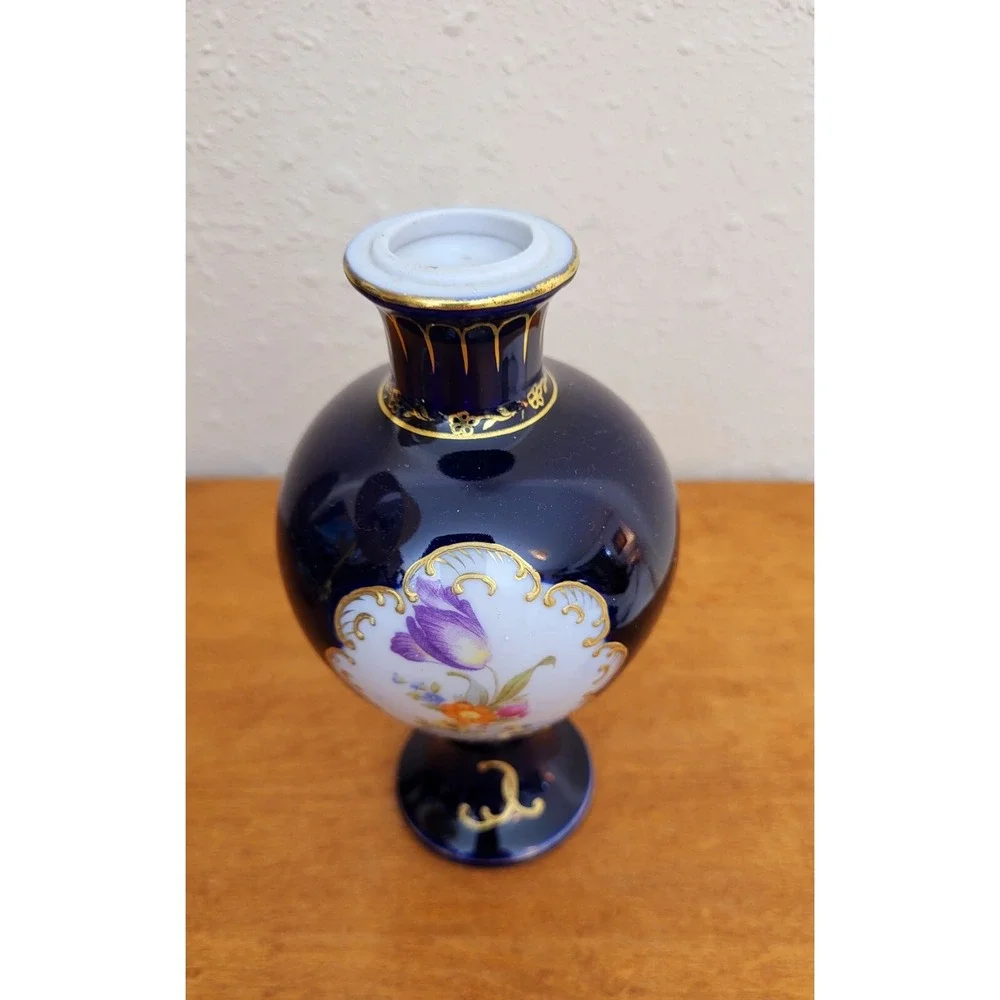 Vtg Candle Holder Porcelain‎ Bud Vase Germany Victorian Cobalt Floral Gold Trim